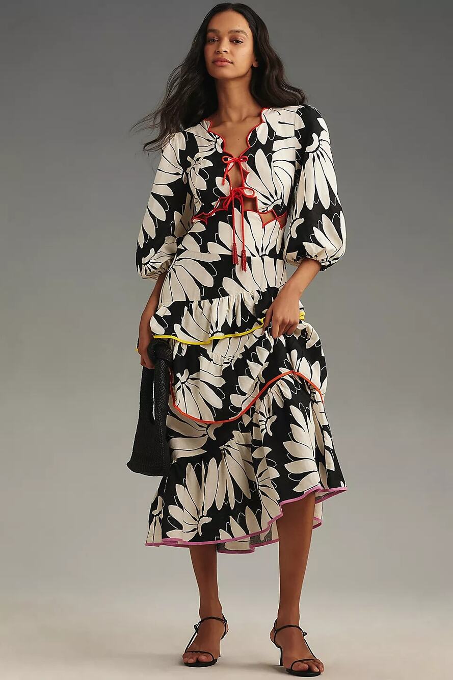 NWT Farm Rio x Anthropologie Cutout Tiered Linen Maxi Dress White/Black Sz Small